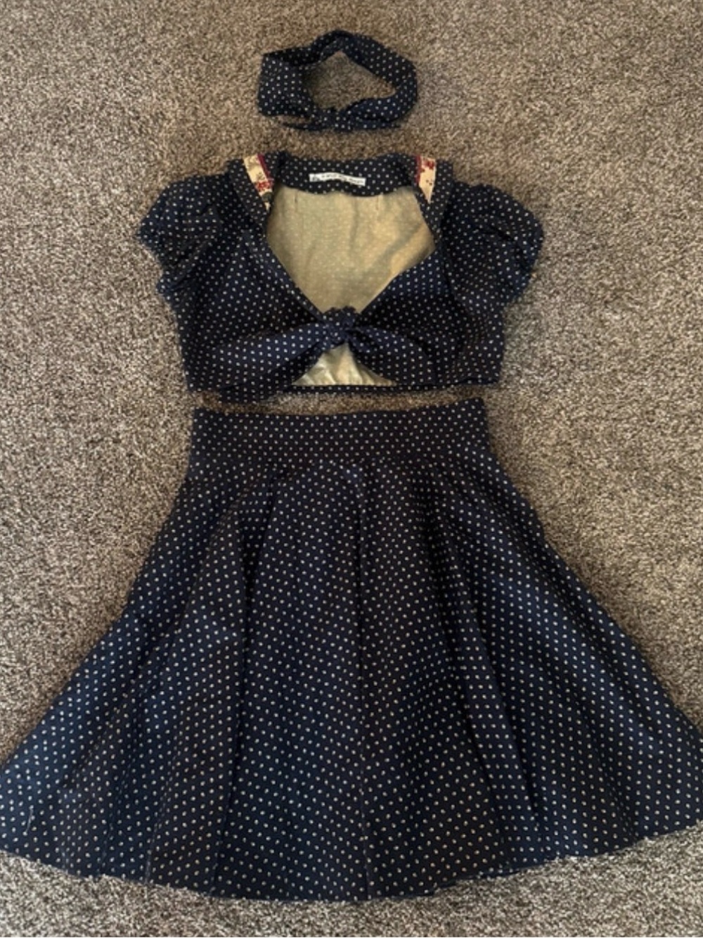 Women's Navy Polka Dot top,Midi Skirt and headband- Classic Flared Silhouette